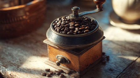 Coffee grinder with coffee beans on a wooden table.の写真素材