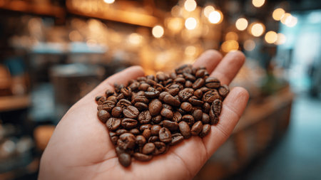 Coffee beans in hand on the background of a coffee shopの写真素材