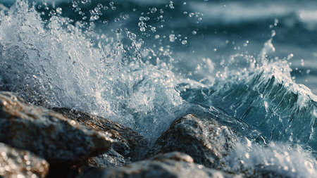 Splashes of water on the rocks in the sea. Shallow depth of field.の写真素材