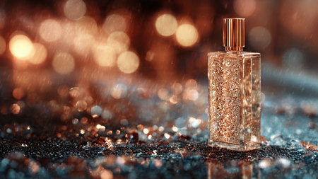Perfume bottle on glitter background with bokeh effect.の写真素材