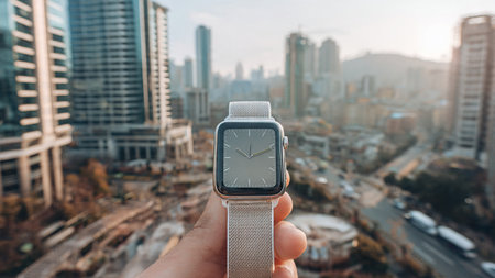 Smart watch in hand on the background of skyscrapers in the cityの写真素材