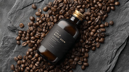 Coffee bottle mockup with coffee beans on black stone backgroundの写真素材