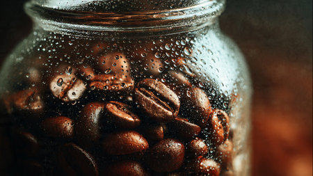 Coffee beans in a glass jar with water drops on a dark backgroundの写真素材