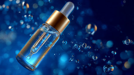 Transparent glass dropper bottle with pipette on blue background with water drops.の写真素材
