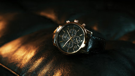 Wristwatch on leather background. Luxury men's wristwatch.の写真素材
