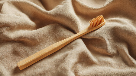 Wooden toothbrush on soft beige fabric, closeup viewの写真素材