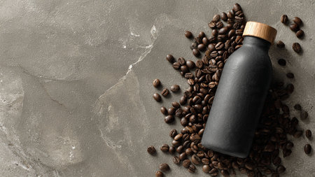 Bottle of aromatic coffee drink and beans on grey background, top viewの写真素材