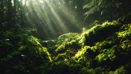 Green moss in the forest with sunbeams and lens flare.の写真素材
