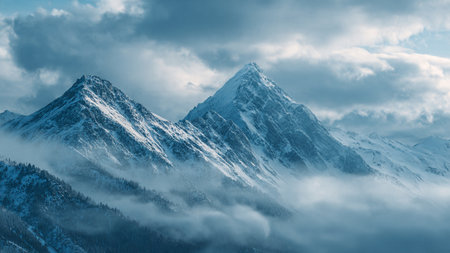 Panoramic view of snowy mountains in clouds.の写真素材