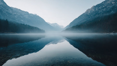 Mountain lake in the morning fog. Reflection in water.の写真素材