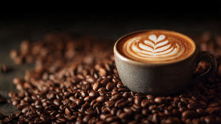 Coffee cup with latte art on coffee beans background.の写真素材