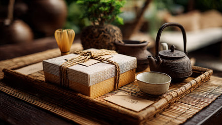 tea ceremony still life with teapot and cup on wooden trayの写真素材