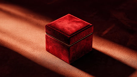 Red gift box on a red velvet background. Luxury concept.の写真素材