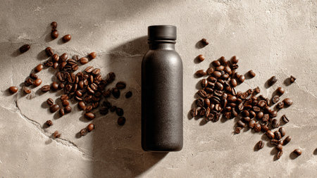 Coffee beans and bottle on concrete background. Flat lay.の写真素材