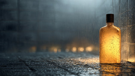 Bottle of alcoholic drink in the rain. 3D rendering.の写真素材