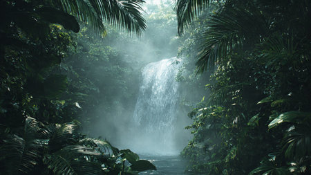 Tropical rainforest with waterfall in Bali island, Indonesiaの写真素材