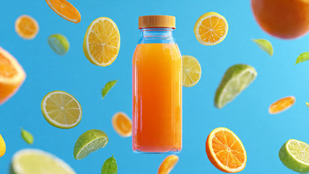Bottle of fresh orange juice with flying fruits on blue background.の写真素材