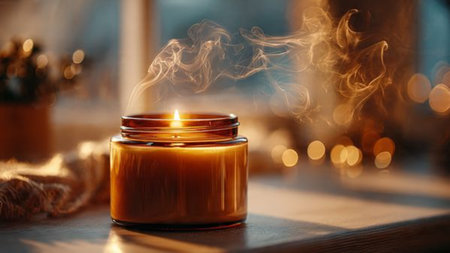 Burning candle in glass jar on wooden table in room, closeupの写真素材