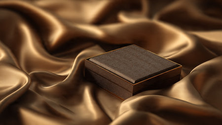 Golden satin background with a wooden box in it, 3d renderの写真素材