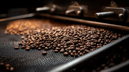 Roasted coffee beans on a conveyor belt. Selective focus.の写真素材
