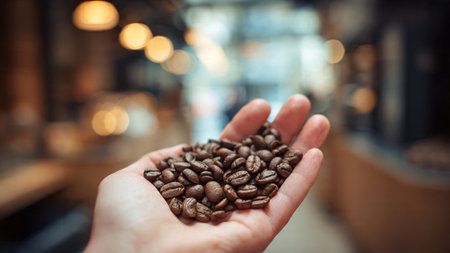Coffee beans in hand. Coffee shop background. Coffee beans in hand.の写真素材