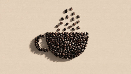 Coffee cup made of coffee beans on beige background.の写真素材