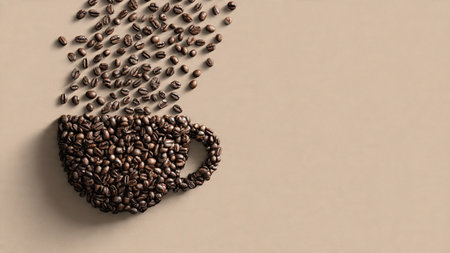 Coffee beans and coffee cup on brown background, top viewの写真素材