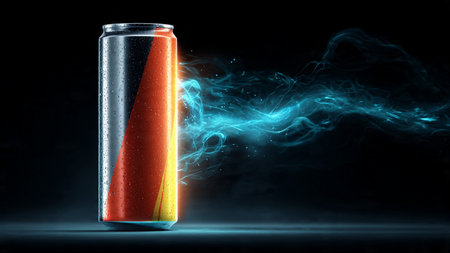 Close up of a carbonated drink can with smoke on black backgroundの写真素材