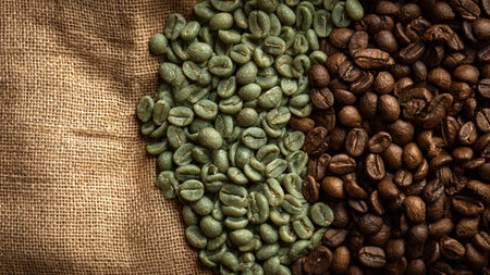 Coffee beans on burlap background, can be used as a backgroundの写真素材