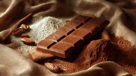 Chocolate, cocoa powder and nuts on a brown background. Toned.の写真素材