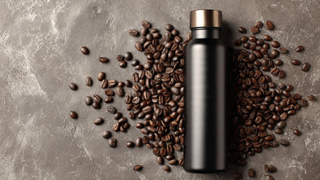 Bottle and coffee beans on grey background, top viewの写真素材