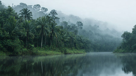 Landscape of river and coconut trees in the morning with fog.の写真素材