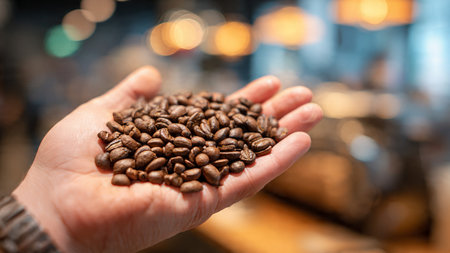 Coffee beans in the hands of a woman on the background of a coffee shopの写真素材