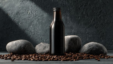 Dark beer bottle mockup with coffee beans and stone on dark backgroundの写真素材