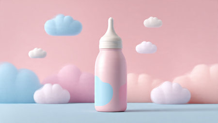 Cosmetic bottle on pastel background with clouds. 3d renderingの写真素材