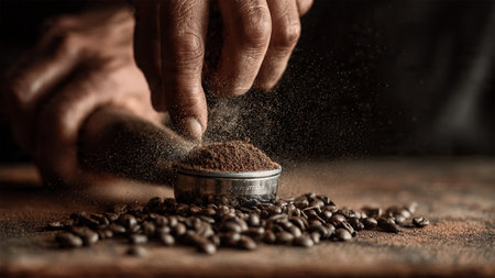 Roasted coffee beans and ground coffee being ground by a male handの写真素材