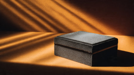 Black box on a golden background with shadows from the sunの写真素材