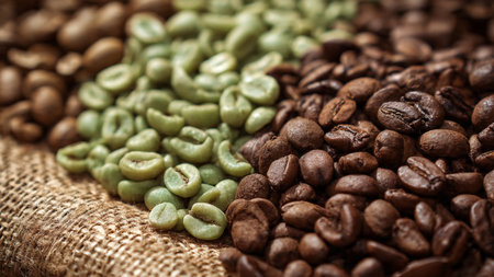 Coffee beans on burlap background. Closeup of coffee beansの写真素材