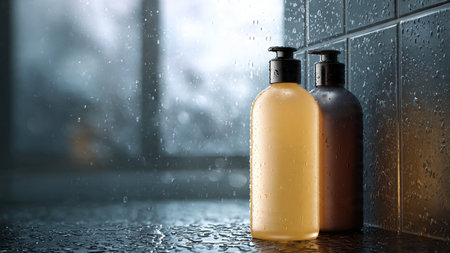 Soap dispenser bottle with liquid soap on wet countertop.の写真素材