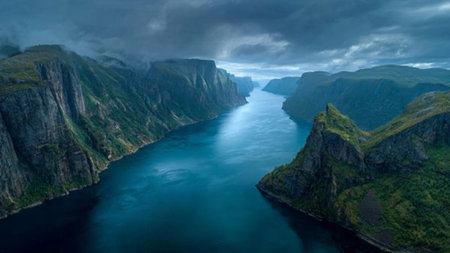 Aerial view of Aurlandsfjord in Norway, Scandinaviaの写真素材