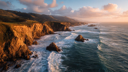 Aerial view of a rocky coastline at sunset. Taken in Big Sur, California, United States.の写真素材