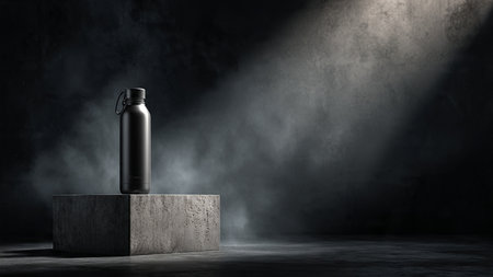 Mockup of black sport bottle on concrete pedestal. 3D renderingの写真素材
