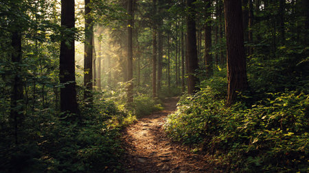 Path in the woods at sunrise with sun rays passing through the treesの写真素材