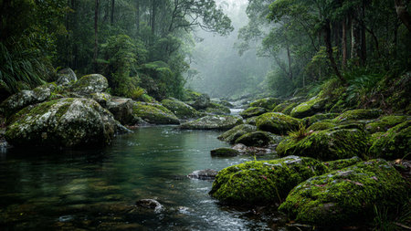 River in the rainforest with green moss and rocks in the foregroundの写真素材
