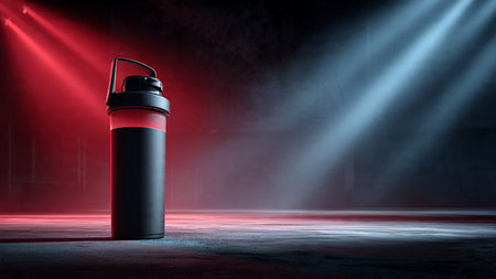 Thermos container in dark room with red light. 3D renderingの写真素材