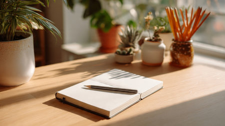 Notebook, pencil and cactus on wooden table near window at homeの写真素材