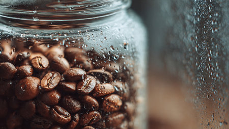 Coffee beans in a glass jar on a wooden background.の写真素材