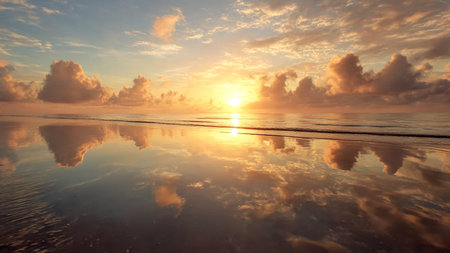 Beautiful sunset over the sea with reflection in water and clouds.の写真素材