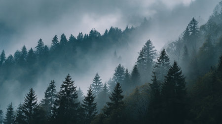 Foggy morning in the mountains with coniferous forests.の写真素材