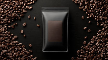 Coffee beans and a package of coffee on a black backgroundの写真素材